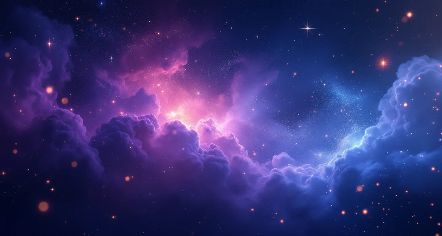 Ruyada Diyanet Ruya Tabirleri Gormek sembolünü temsil eden, mor-magenta bulutsu ve altın yıldızlardan oluşan atmosferik rüya sahnesi.
