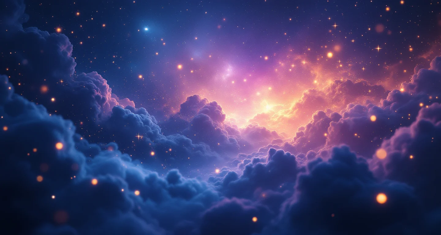 Rüyada En İyi Rüya Tabiri Sitesi Görmek sembolünü temsil eden, mor-magenta bulutsu ve altın yıldızlardan oluşan atmosferik rüya sahnesi.