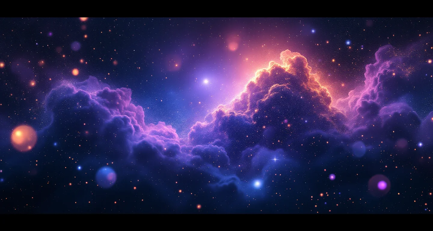 Rüyada İslami Rüya Tabirleri İhya Görmek sembolünü temsil eden, mor-magenta bulutsu ve altın yıldızlardan oluşan atmosferik rüya sahnesi.