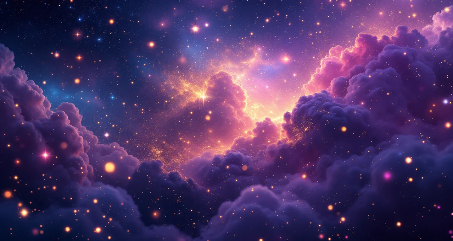 Rüyada Ihya Org Rüya Tabirleri Görmek sembolünü temsil eden, mor-magenta bulutsu ve altın yıldızlardan oluşan atmosferik rüya sahnesi.