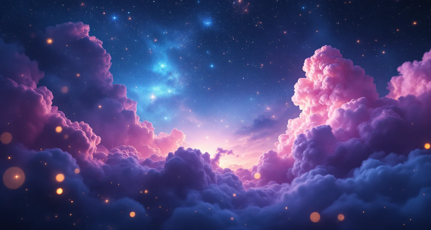 Rüyada Rüya Tabirleri İhya Görmek sembolünü temsil eden, mor-magenta bulutsu ve altın yıldızlardan oluşan atmosferik rüya sahnesi.