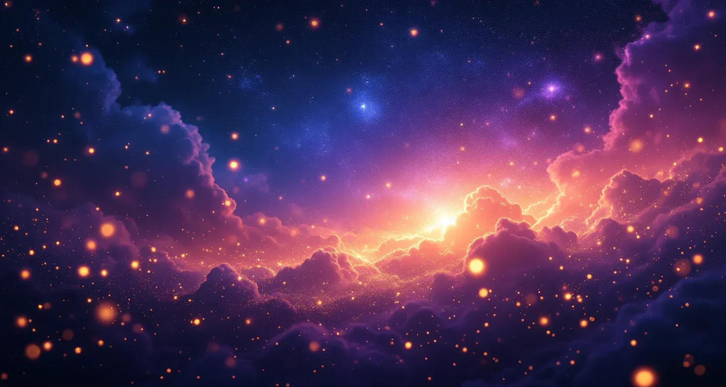 夢でウドゥーをすることの象徴を表す、紫からマゼンタの星雲と金色の星々が広がる幻想的な夢の風景。