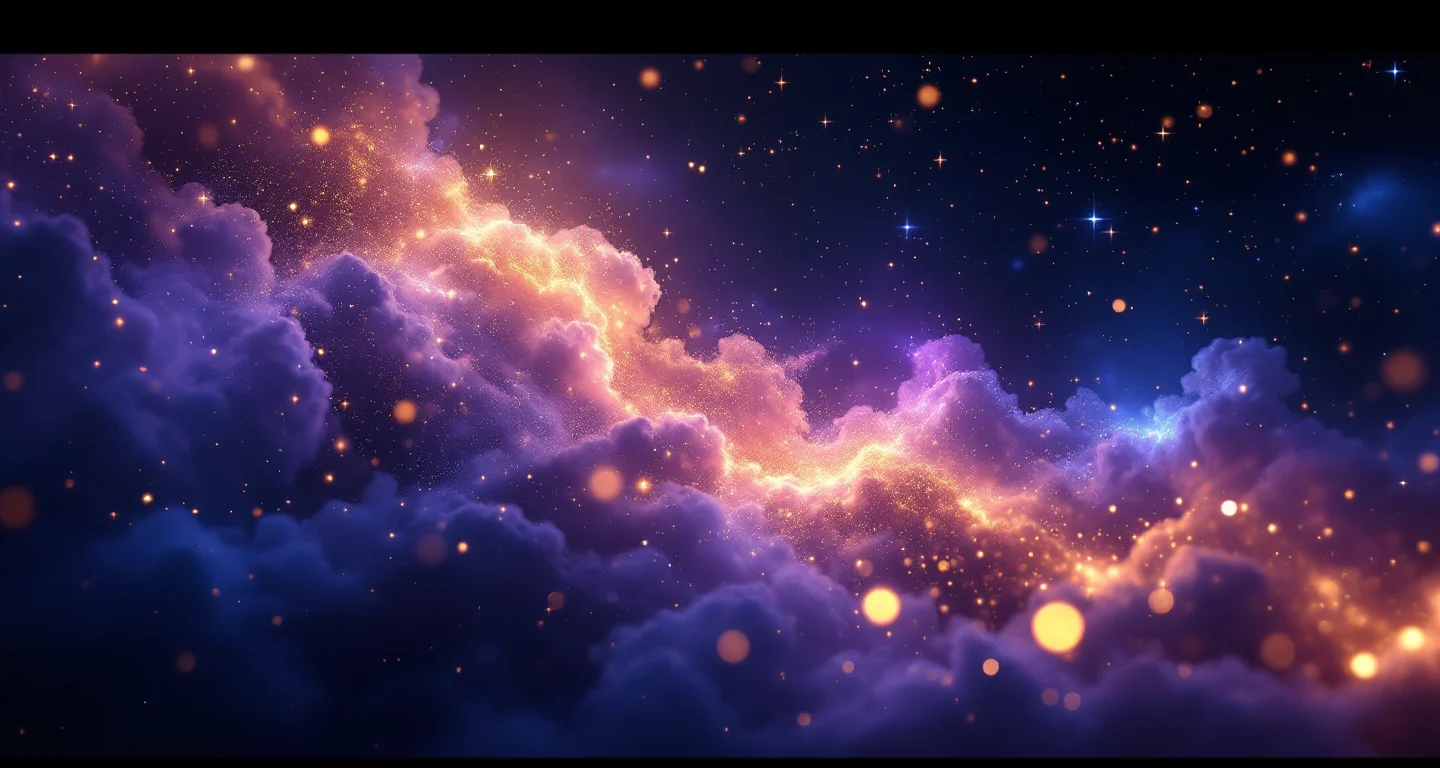 Rüyada Abdest Almak sembolünü temsil eden, mor-magenta bulutsu ve altın yıldızlardan oluşan atmosferik rüya sahnesi.