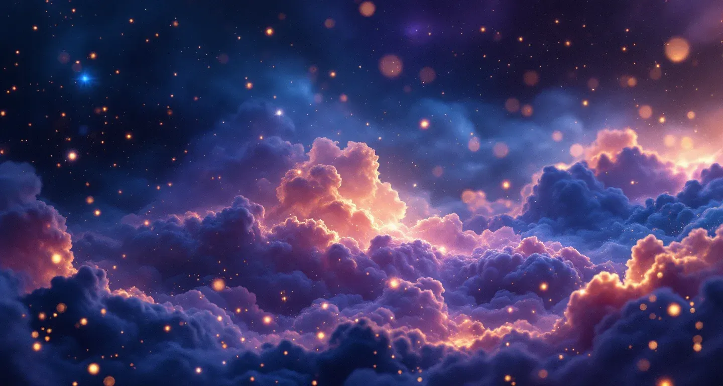 夢で姉を見る象徴を表す、紫がかったマゼンタの星雲と金色の星々から成る幻想的な夢の情景。