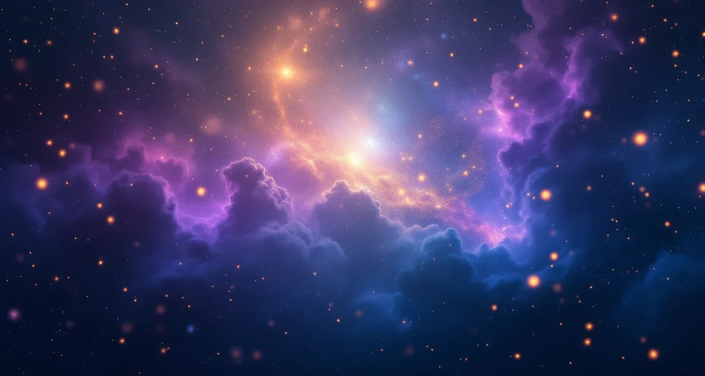 Atmosphärische Traumszene mit violett-magenta Nebeln und goldenen Sternen, die das Symbol der Verlobung der Schwester im Traum darstellen.