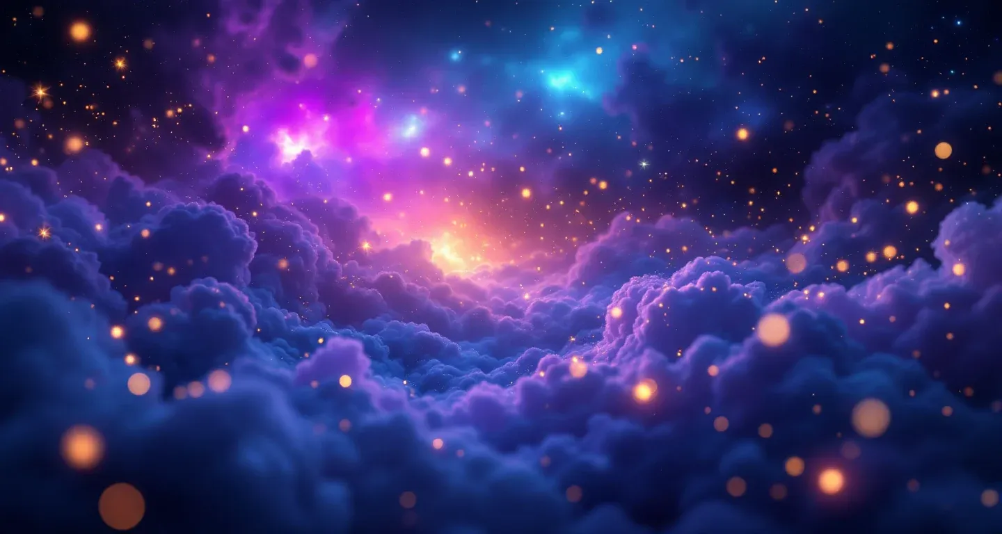 Atmosphärische Traumlandschaft mit violett-magenta Nebel und goldenen Sternen, die das Symbol ‚Im Traum sich öffnen sehen‘ darstellt.