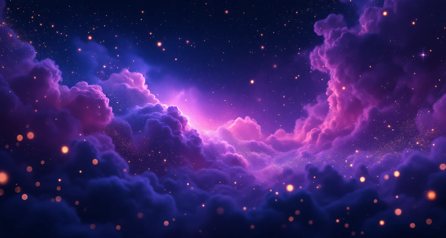 Rüyada Adet Olduğunu Görmek sembolünü temsil eden, mor-magenta bulutsu ve altın yıldızlardan oluşan atmosferik rüya sahnesi.