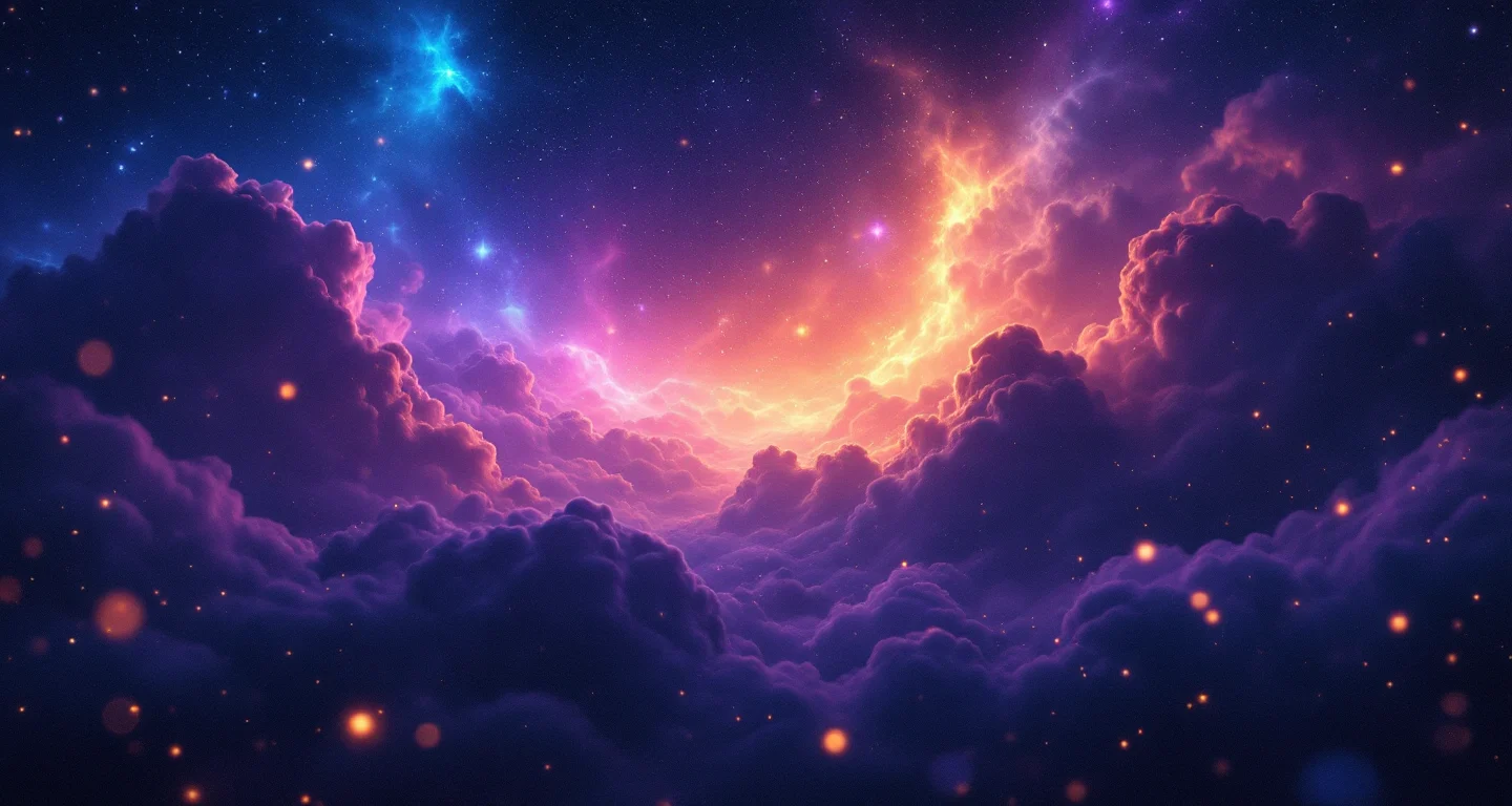 Rüyada Adım Atmakta Zorlanmak Görmek sembolünü temsil eden, mor-magenta bulutsu ve altın yıldızlardan oluşan atmosferik rüya sahnesi.