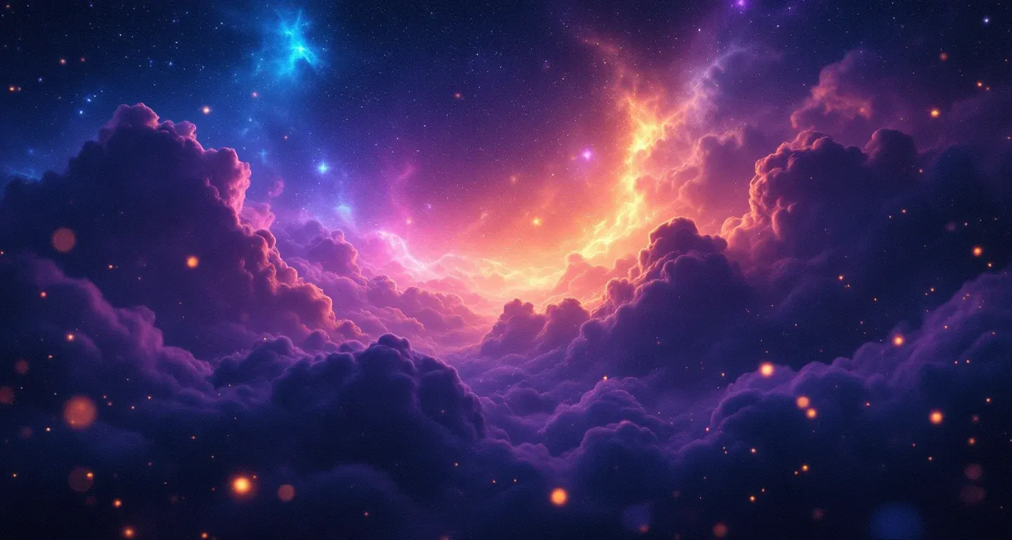 Atmosphärische Traumszene aus violett-magenta Wolken und goldenen Sternen, die das Symbol des Traums darstellt, im Traum Mühe haben, einen Schritt zu machen.