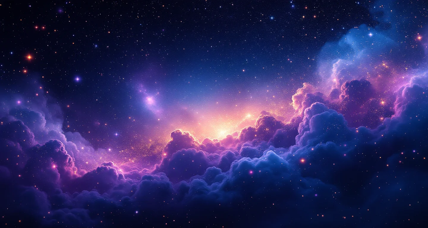 Rüyada Ağaca Çıkmak ve İnmek sembolünü temsil eden, mor-magenta bulutsu ve altın yıldızlardan oluşan atmosferik rüya sahnesi.