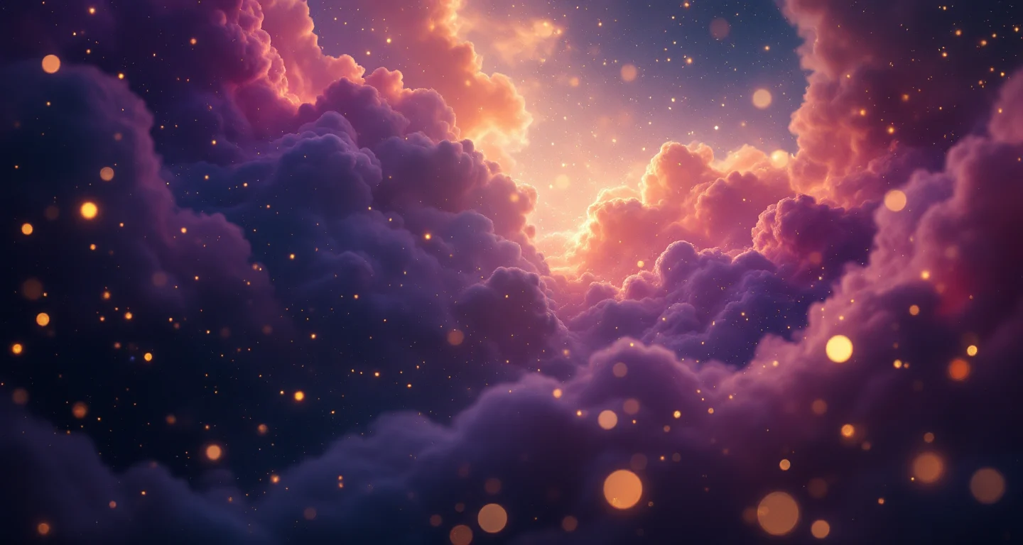 Rüyada Ağızdan Kaka Çıkarmak Görmek sembolünü temsil eden, mor-magenta bulutsu ve altın yıldızlardan oluşan atmosferik rüya sahnesi.