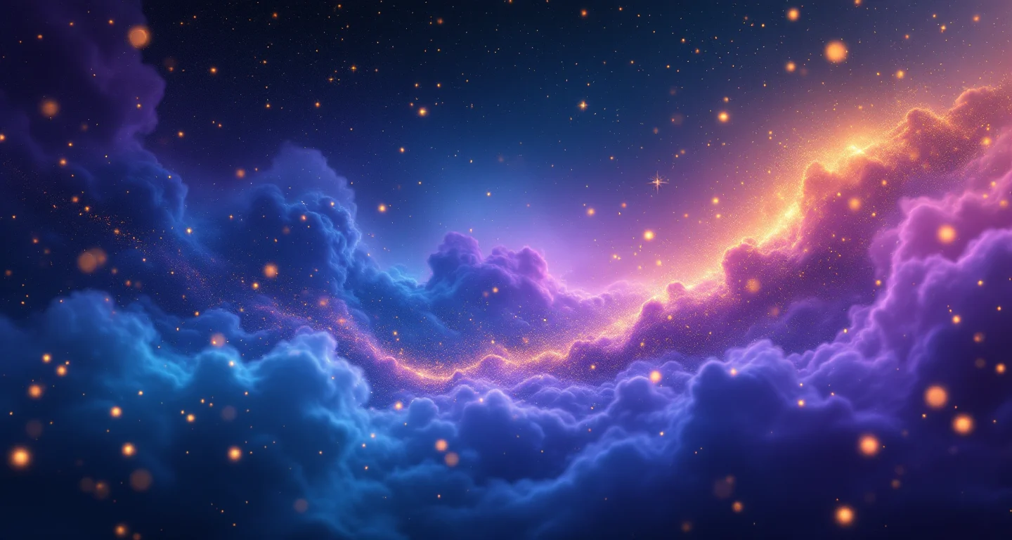 Rüyada Ağzının Kötü Koktuğunun Söylenmesi Görmek sembolünü temsil eden, mor-magenta bulutsu ve altın yıldızlardan oluşan atmosferik rüya sahnesi.