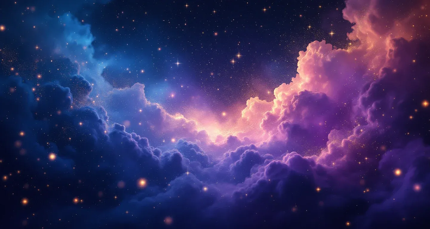 Atmosphärische Traumlandschaft aus violett-magenta Nebel und goldenen Sternen, die das Symbol Ein niedrig fliegendes Flugzeug im Traum sehen darstellt.