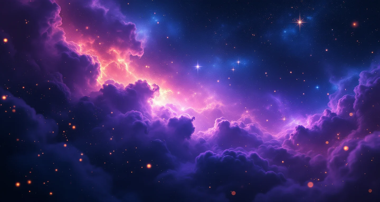 Rüyada Aldatılmak Görmek sembolünü temsil eden, mor-magenta bulutsu ve altın yıldızlardan oluşan atmosferik rüya sahnesi.