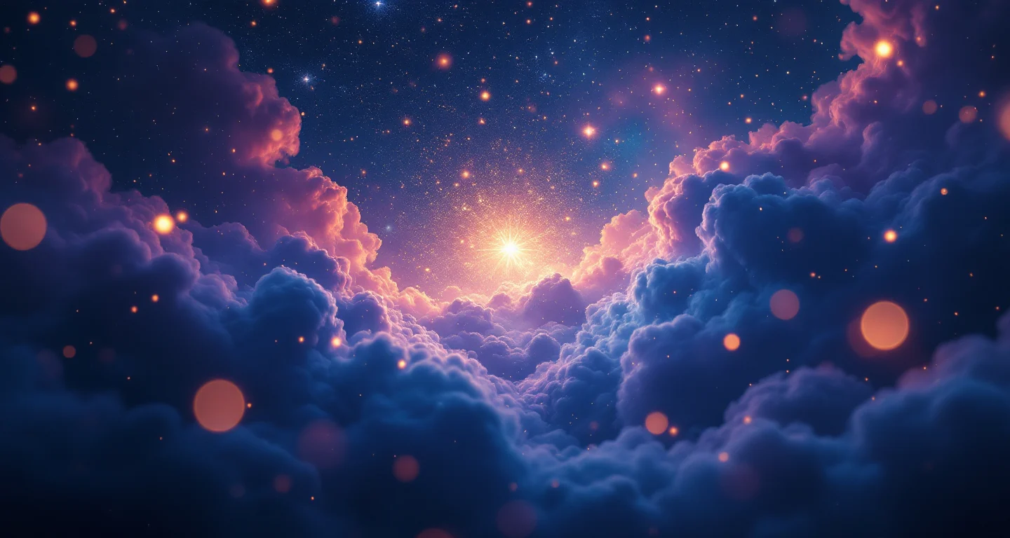 Ruyada Allaha Isyan Etmek sembolünü temsil eden, mor-magenta bulutsu ve altın yıldızlardan oluşan atmosferik rüya sahnesi.