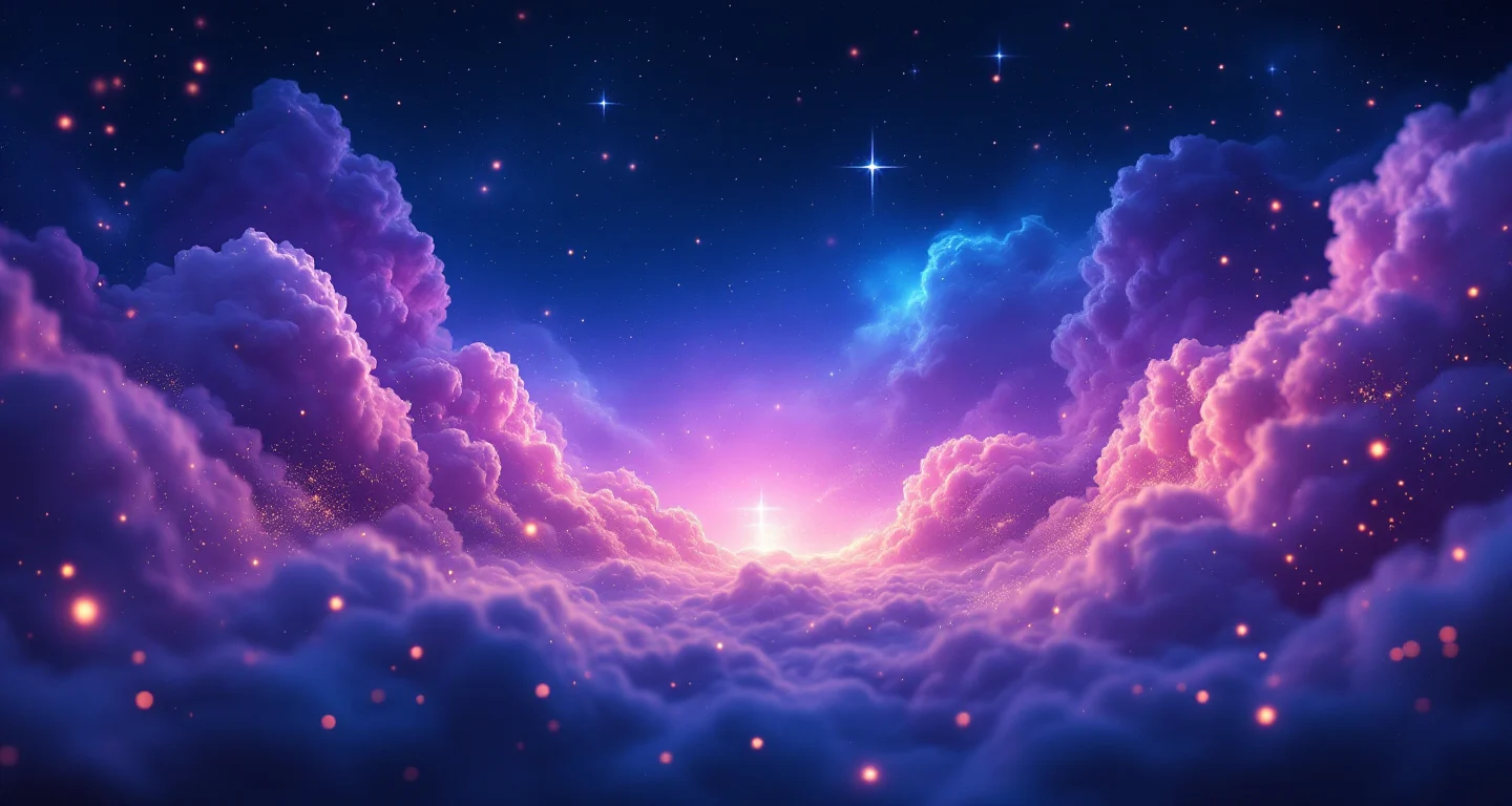 Rüyada Altın Bilezik Görmek sembolünü temsil eden, mor-magenta bulutsu ve altın yıldızlardan oluşan atmosferik rüya sahnesi.