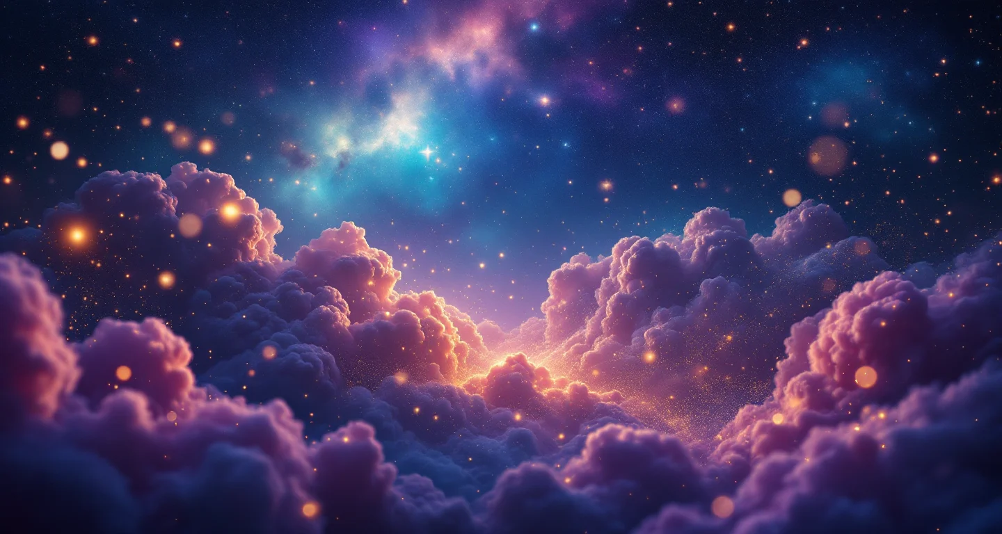 Rüyada Altın Bilezik Takmak sembolünü temsil eden, mor-magenta bulutsu ve altın yıldızlardan oluşan atmosferik rüya sahnesi.
