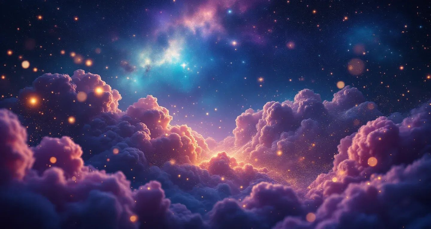 Escena onírica atmosférica con nebulosas moradas y magenta y estrellas doradas que representa el símbolo de llevar una pulsera de oro en sueños.