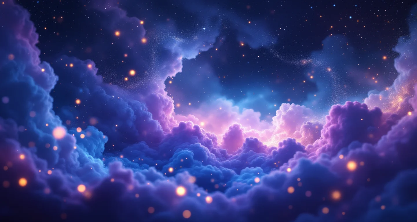 Rüyada Altın Bulmak sembolünü temsil eden, mor-magenta bulutsu ve altın yıldızlardan oluşan atmosferik rüya sahnesi.