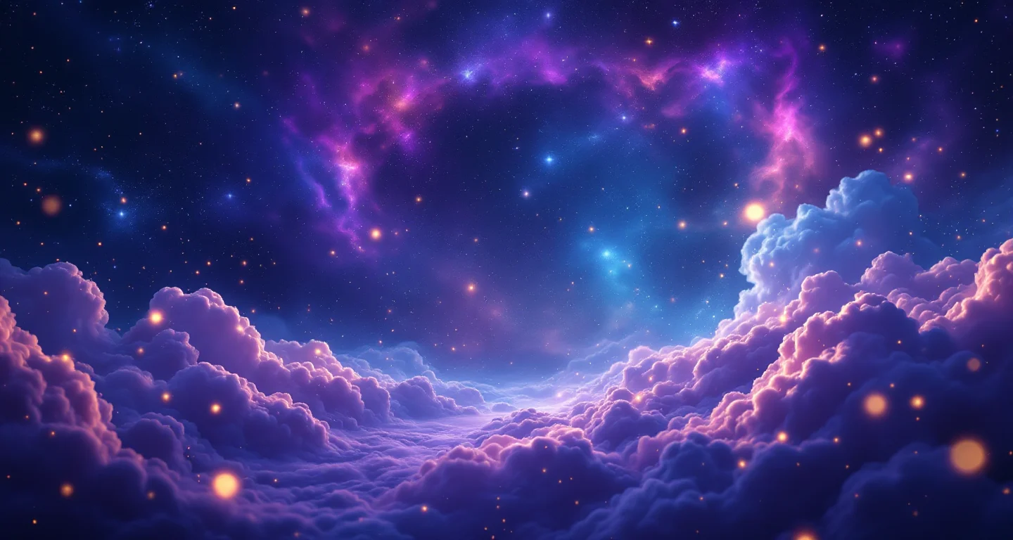 Rüyada Altın Çalmak sembolünü temsil eden, mor-magenta bulutsu ve altın yıldızlardan oluşan atmosferik rüya sahnesi.