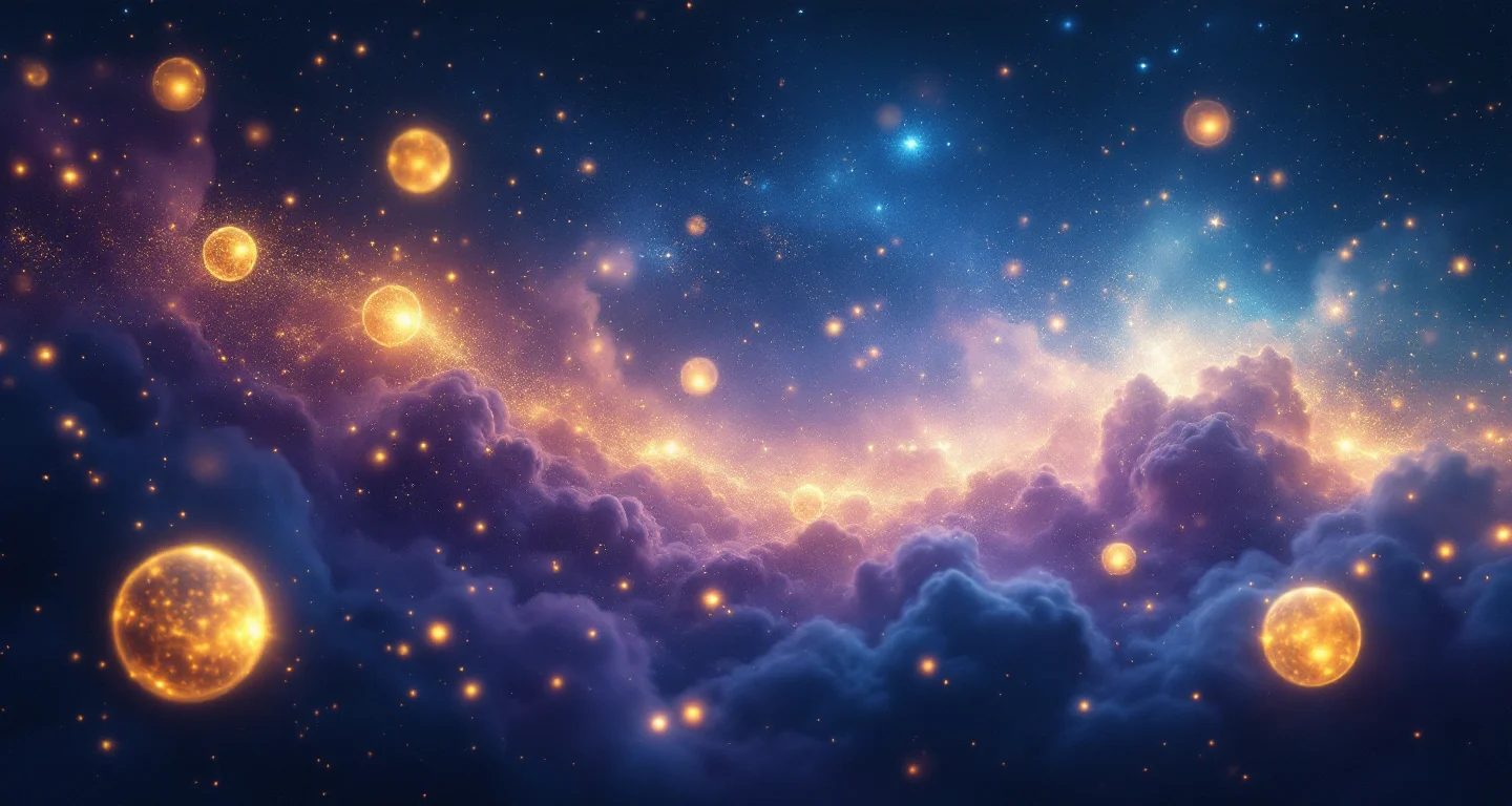 Rüyada Altın Görmek İhya sembolünü temsil eden, mor-magenta bulutsu ve altın yıldızlardan oluşan atmosferik rüya sahnesi.