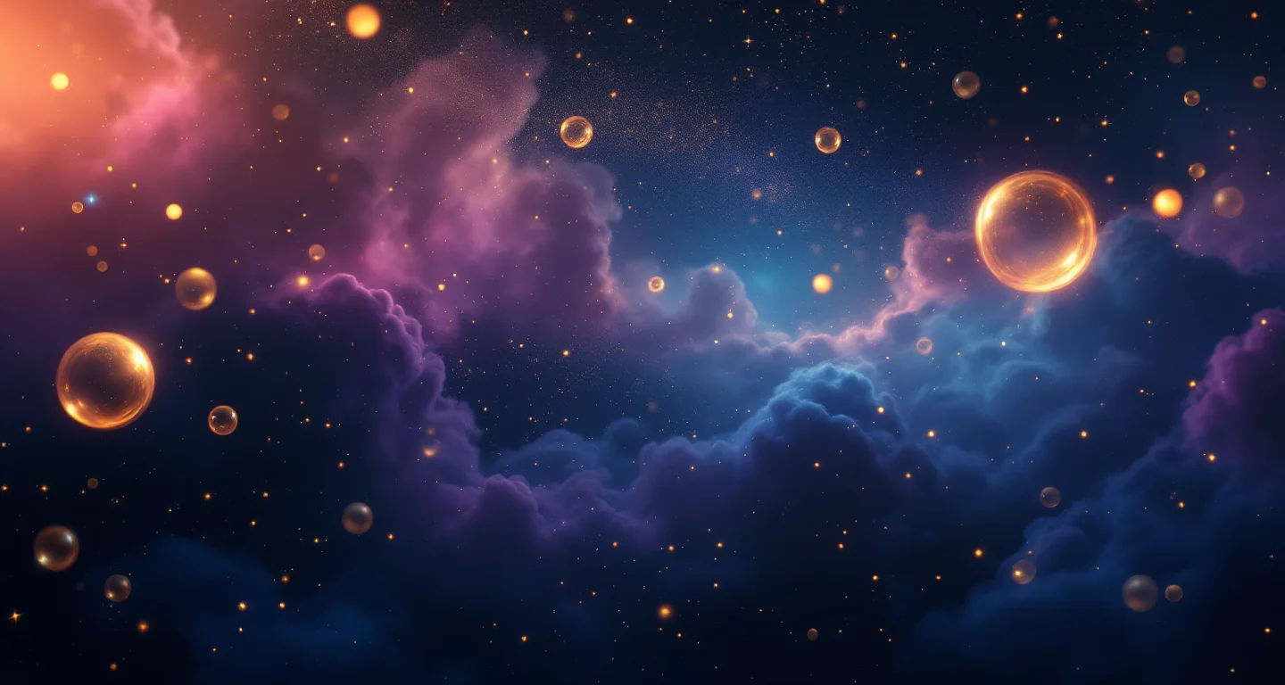 Rüyada Altın Görmek sembolünü temsil eden, mor-magenta bulutsu ve altın yıldızlardan oluşan atmosferik rüya sahnesi.