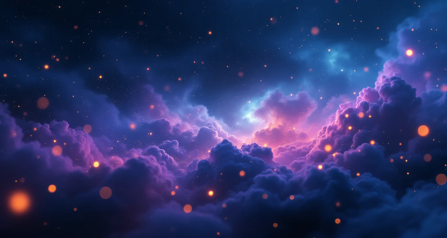Rüyada Altın Takmak Görmek sembolünü temsil eden, mor-magenta bulutsu ve altın yıldızlardan oluşan atmosferik rüya sahnesi.