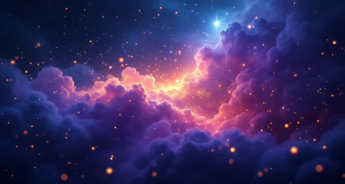 Rüyada Amca Görmek sembolünü temsil eden, mor-magenta bulutsu ve altın yıldızlardan oluşan atmosferik rüya sahnesi.