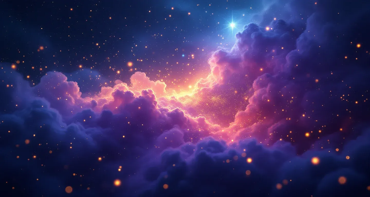 Escena de sueño atmosférica con nebulosa morado-magenta y estrellas doradas, que representa el símbolo de soñar con un tío.