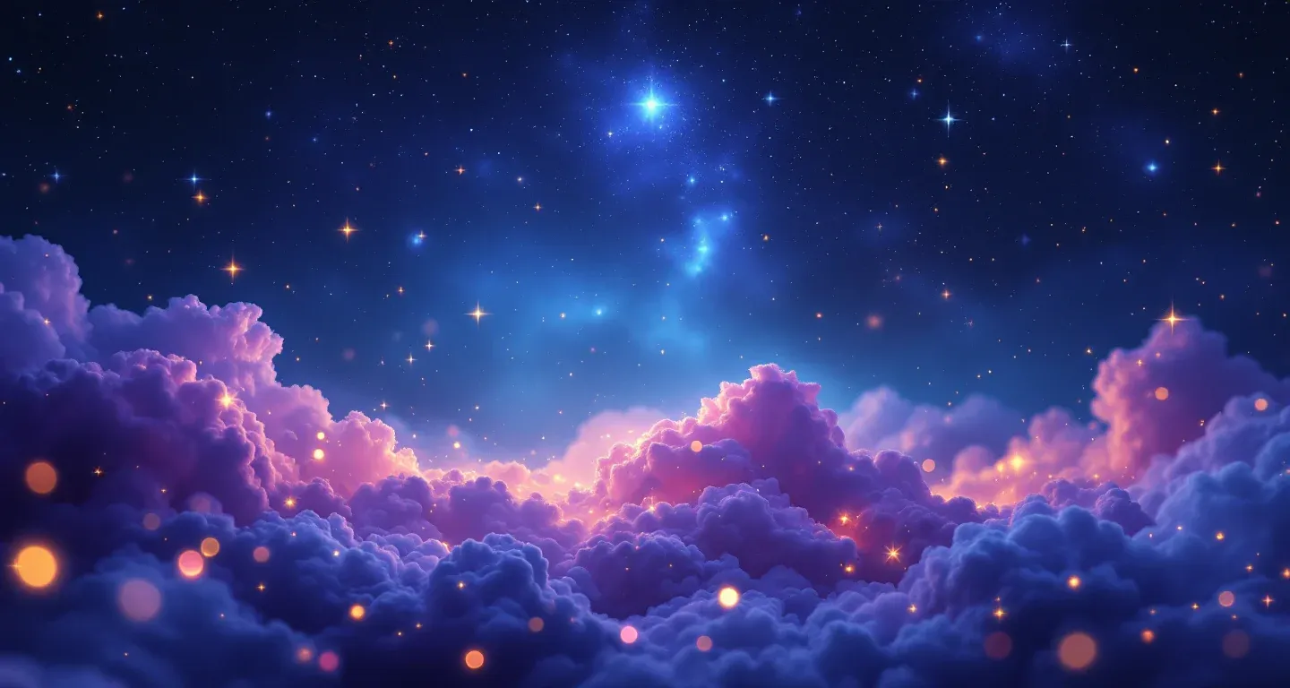 夢で生まれたままの男性を見る象徴を表す、紫がかったマゼンタの星雲と黄金の星々からなる幻想的な夢の情景。