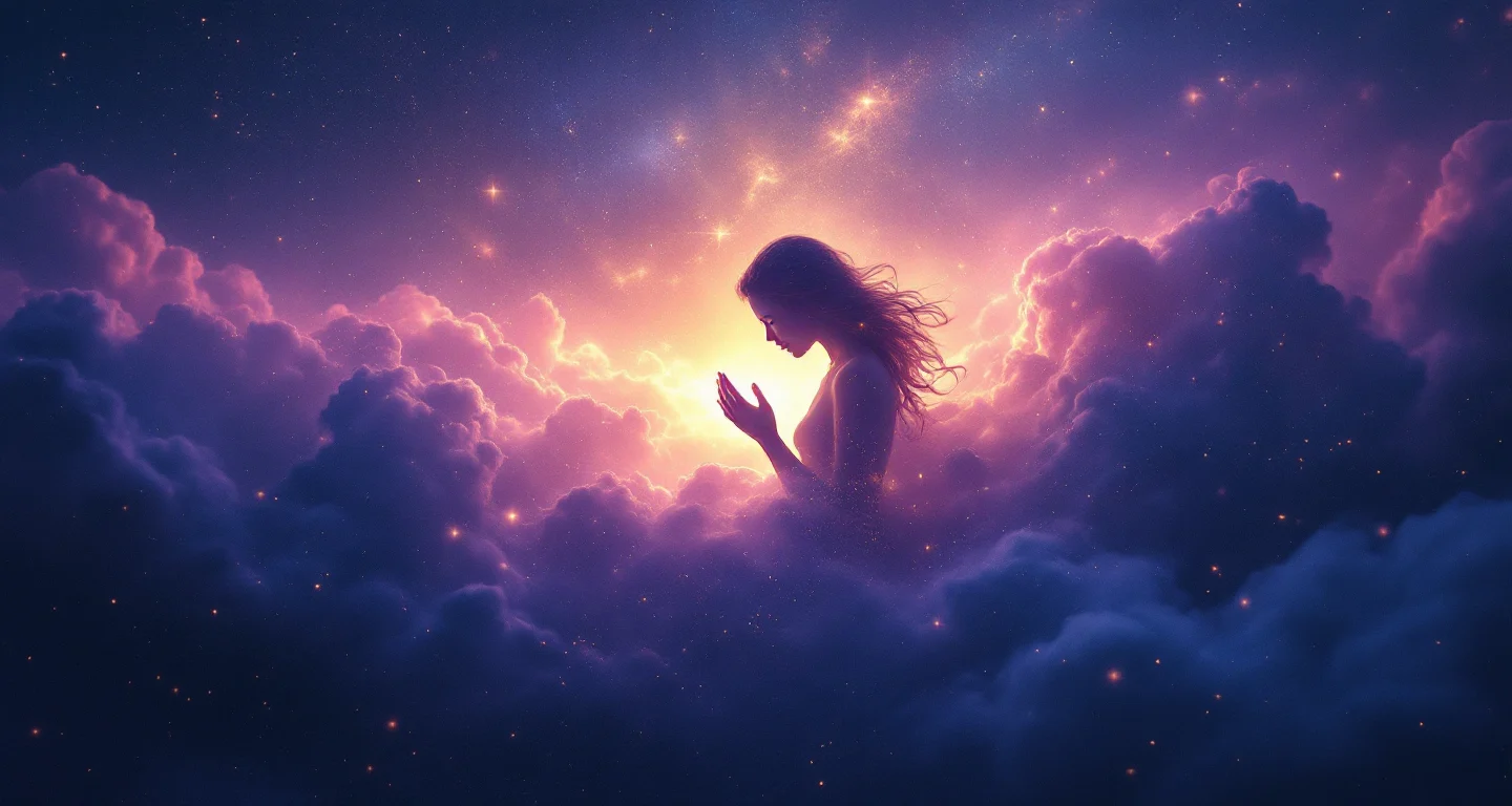 Rüyada Anne Görmek sembolünü temsil eden, mor-magenta bulutsu ve altın yıldızlardan oluşan atmosferik rüya sahnesi.