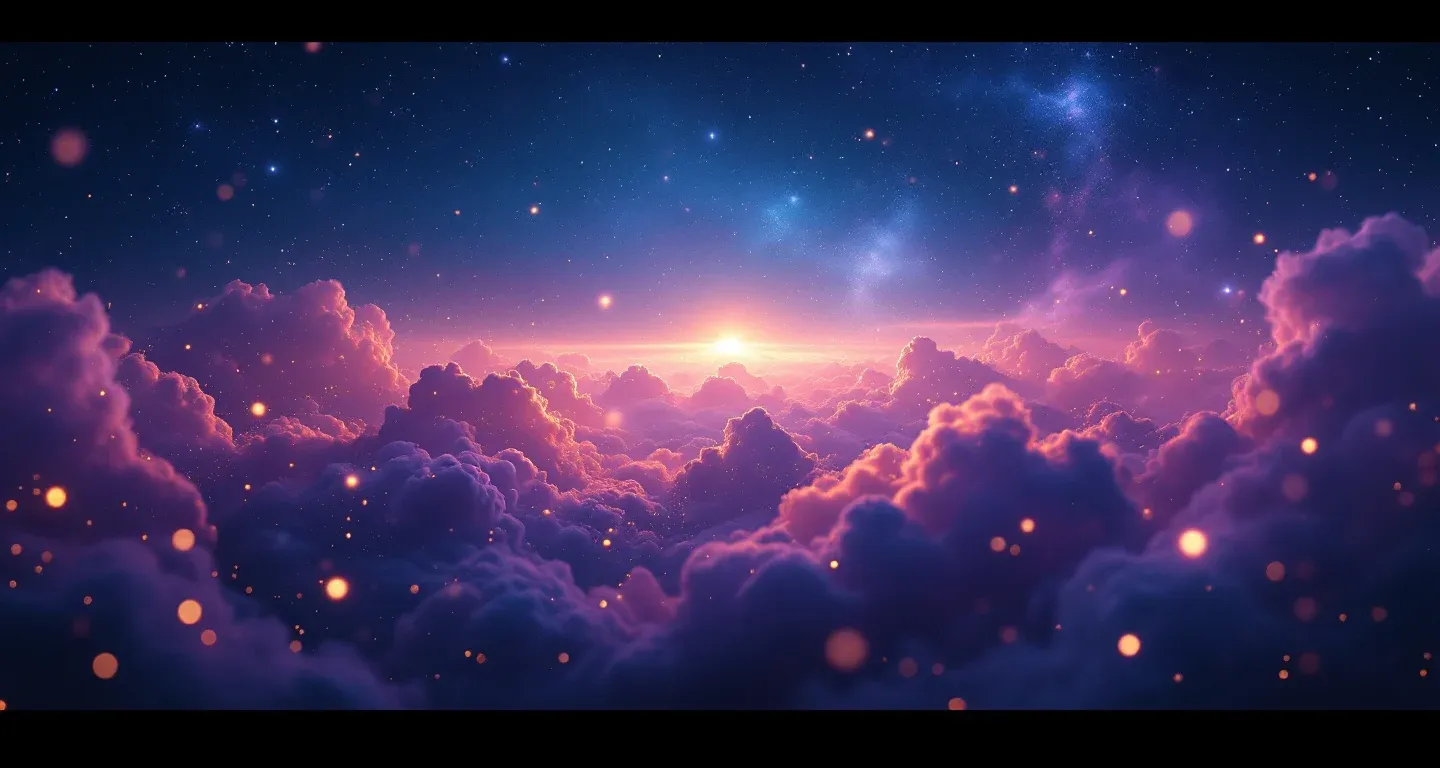 Atmosphärische Traumszene aus violett-magenta Nebel und goldenen Sternen, die das Symbol Die Großmutter im Traum sehen darstellt.
