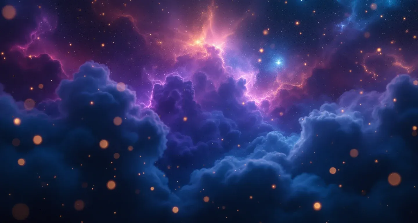 Atmosphärische Traumszene mit violett-magenta farbener Nebelwolke und goldenen Sternen, die das Symbol „Im Traum ein Auto sehen“ darstellt.