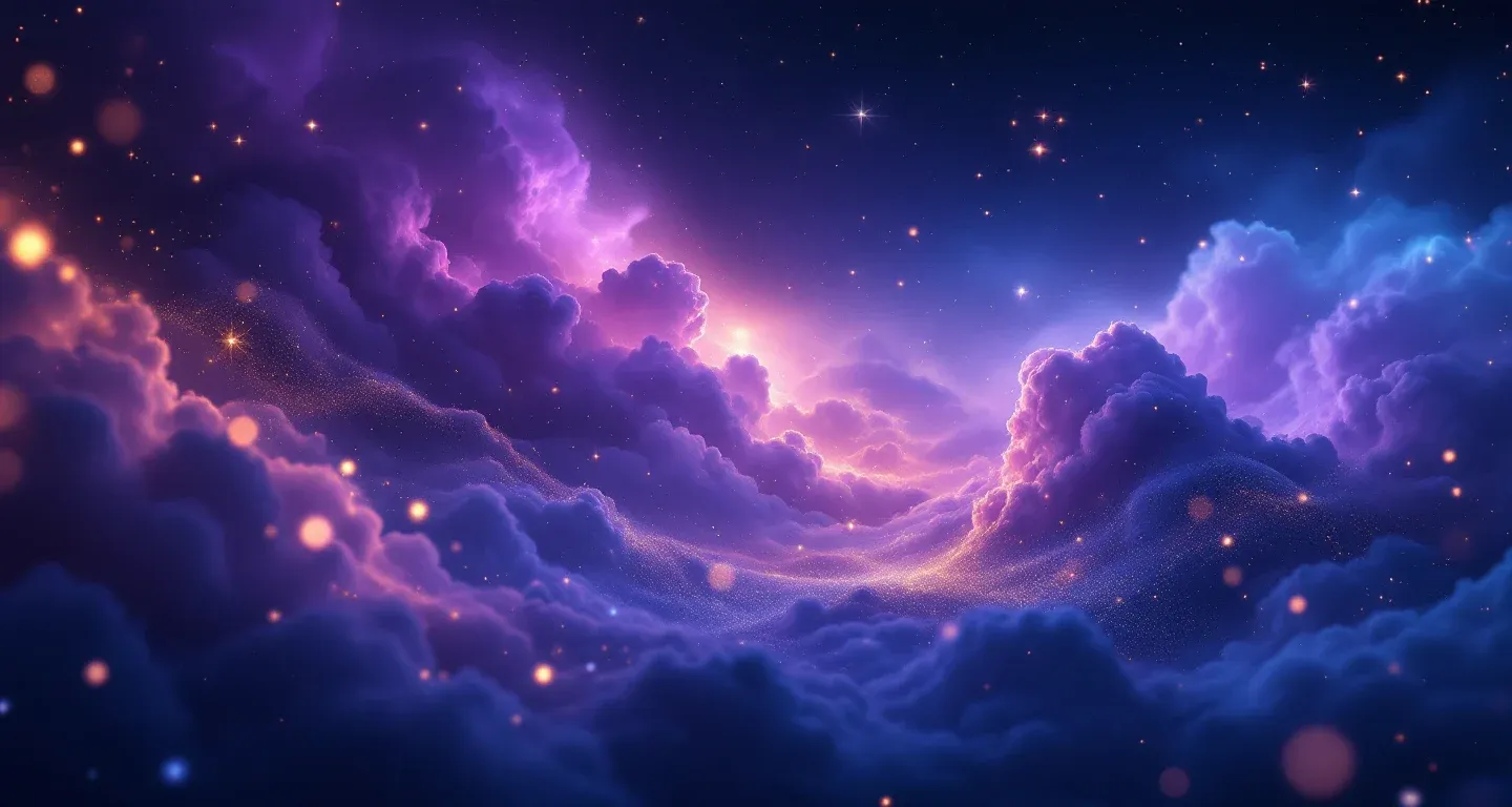 Atmosphärische Traumszene mit violett-magenta farbenem Nebel und goldenen Sternen, die das Symbol „Auto geht im Traum kaputt“ darstellt.