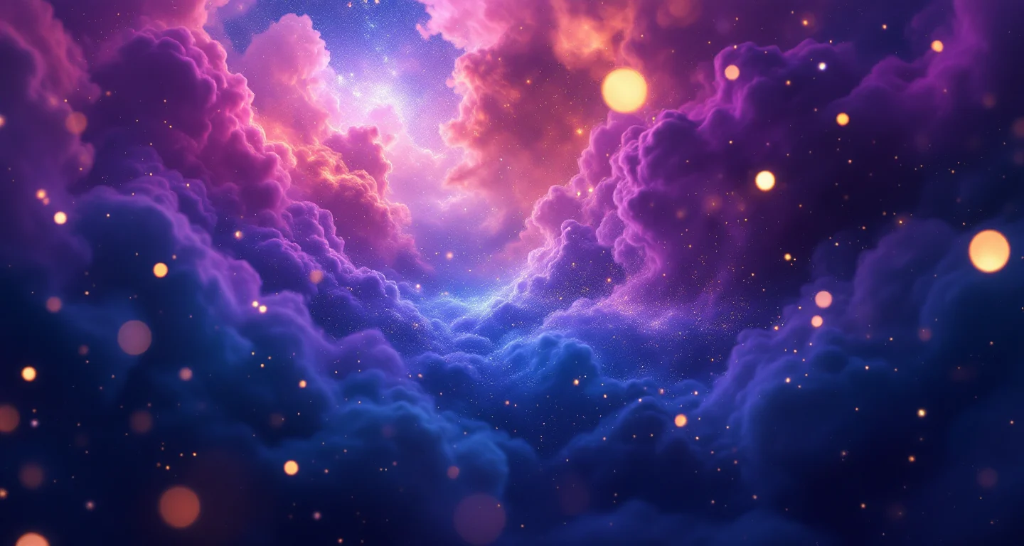 Rüyada Arkadaşını Görmek sembolünü temsil eden, mor-magenta bulutsu ve altın yıldızlardan oluşan atmosferik rüya sahnesi.