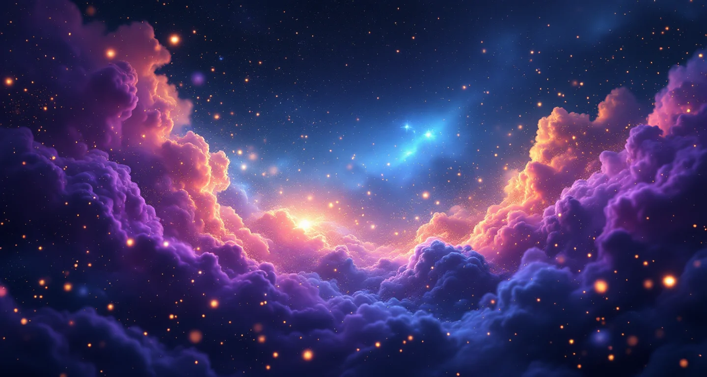 Rüyada Asansör Düşmesi sembolünü temsil eden, mor-magenta bulutsu ve altın yıldızlardan oluşan atmosferik rüya sahnesi.