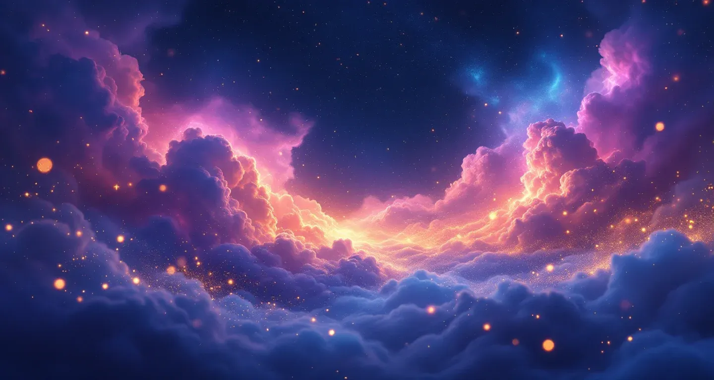 Escena onírica atmosférica con nebulosas morado-magenta y estrellas doradas, que representa el símbolo de soñar con un ascensor.