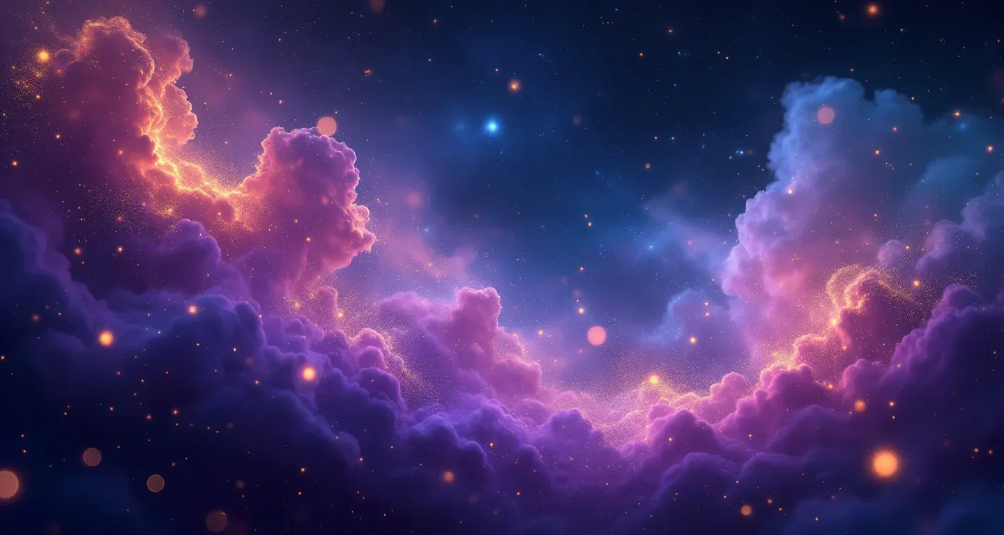 夢で軍隊に行くシンボルを表す、紫とマゼンタの星雲と金色の星々からなる幻想的な夢の風景。