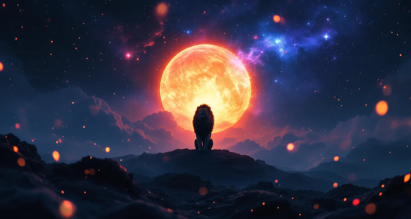 Rüyada Aslan Görmek sembolünü temsil eden, mor-magenta bulutsu ve altın yıldızlardan oluşan atmosferik rüya sahnesi.