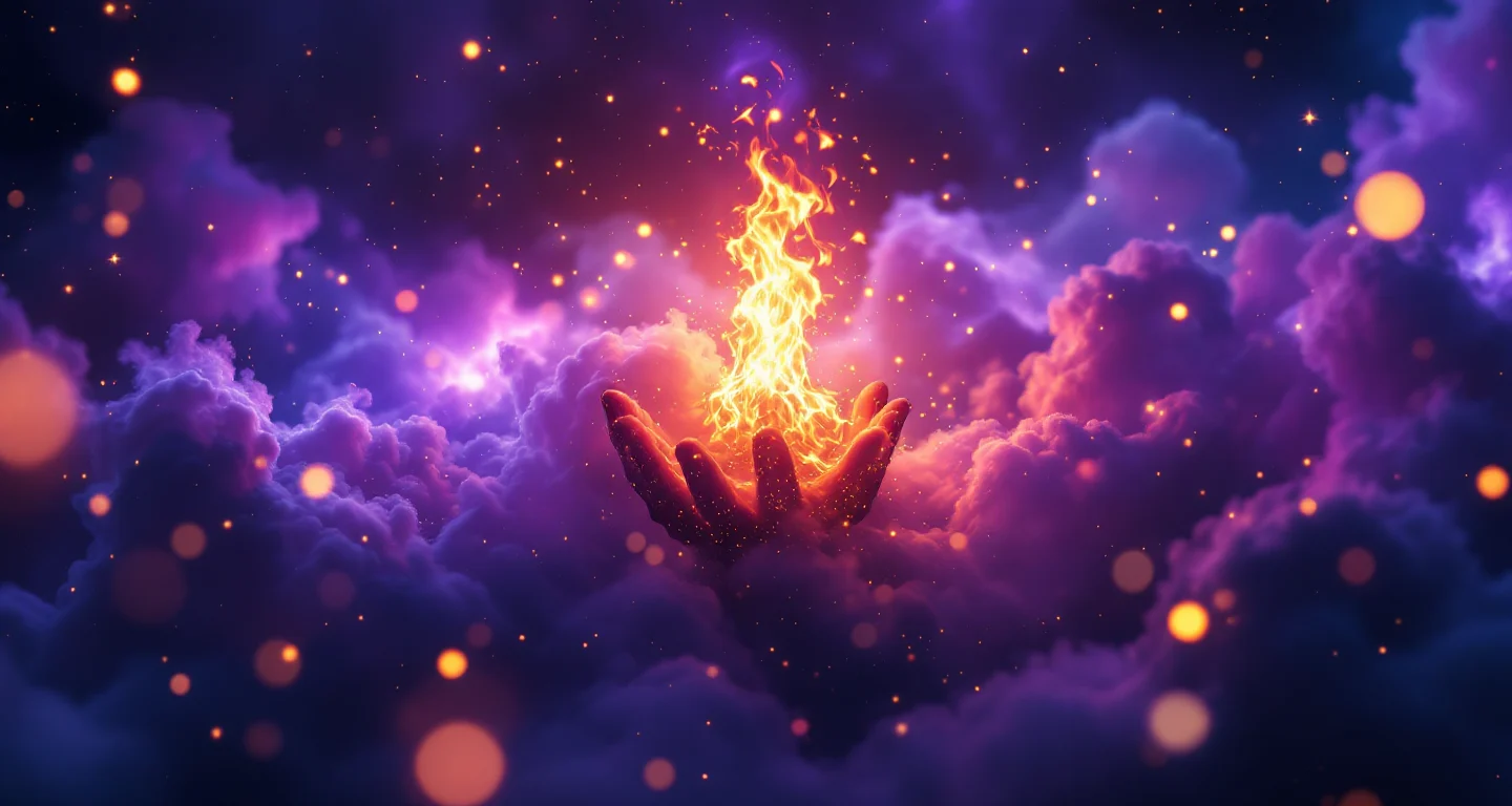 Rüyada Ateş Görmek sembolünü temsil eden, mor-magenta bulutsu ve altın yıldızlardan oluşan atmosferik rüya sahnesi.