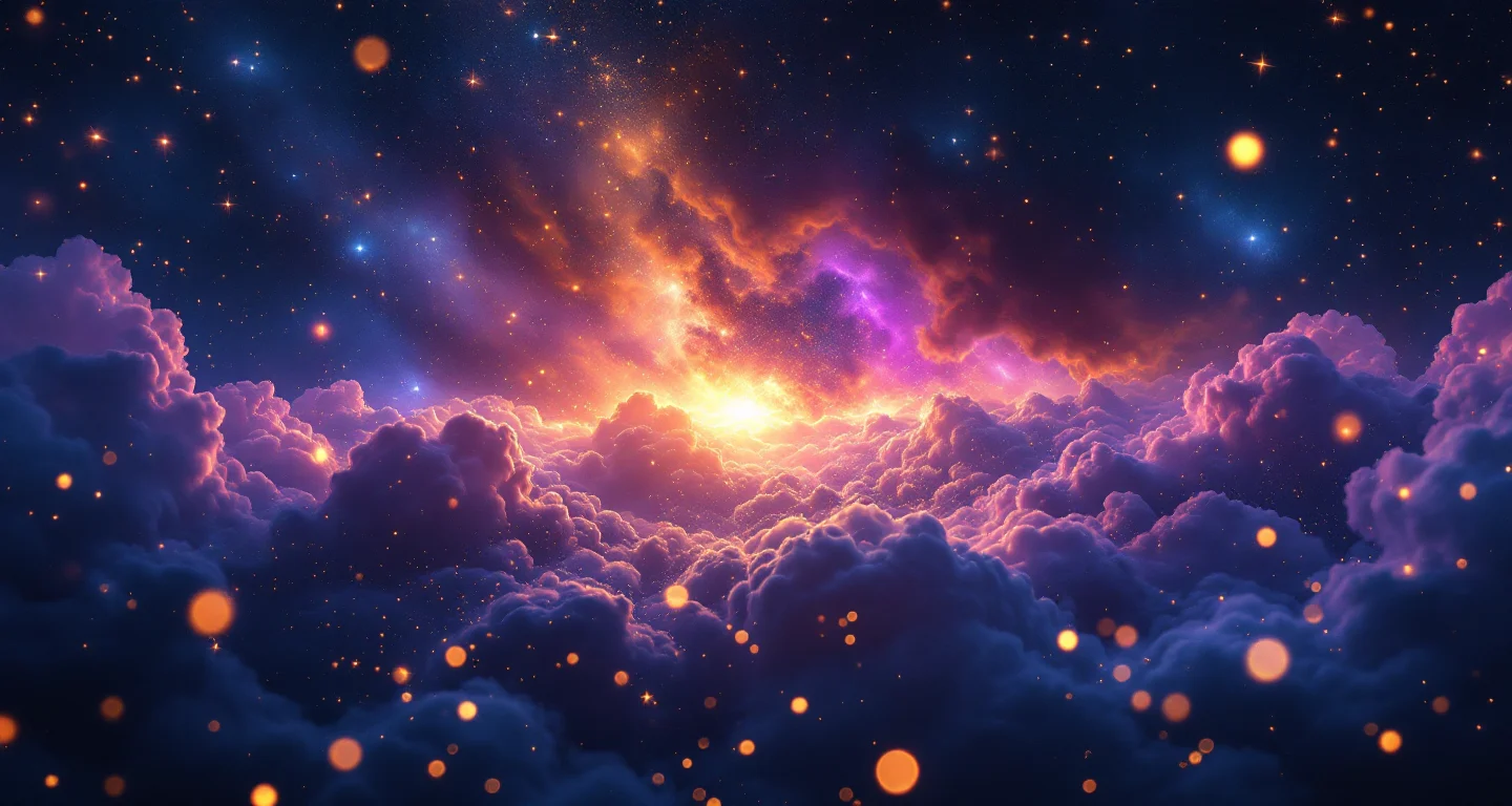 Rüyada Avret Yerini Kıllı Görmek Diyanet sembolünü temsil eden, mor-magenta bulutsu ve altın yıldızlardan oluşan atmosferik rüya sahnesi.