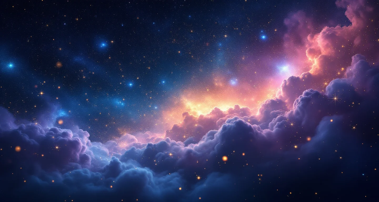 Rüyada Avret Yerini Temizlemek Görmek sembolünü temsil eden, mor-magenta bulutsu ve altın yıldızlardan oluşan atmosferik rüya sahnesi.