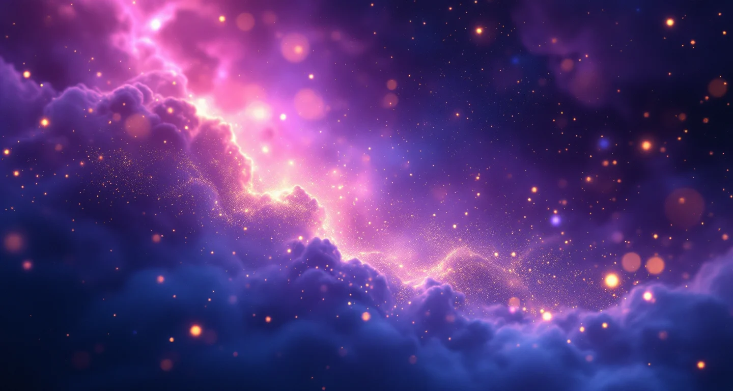 Rüyada Ayıdan Kaçmak sembolünü temsil eden, mor-magenta bulutsu ve altın yıldızlardan oluşan atmosferik rüya sahnesi.
