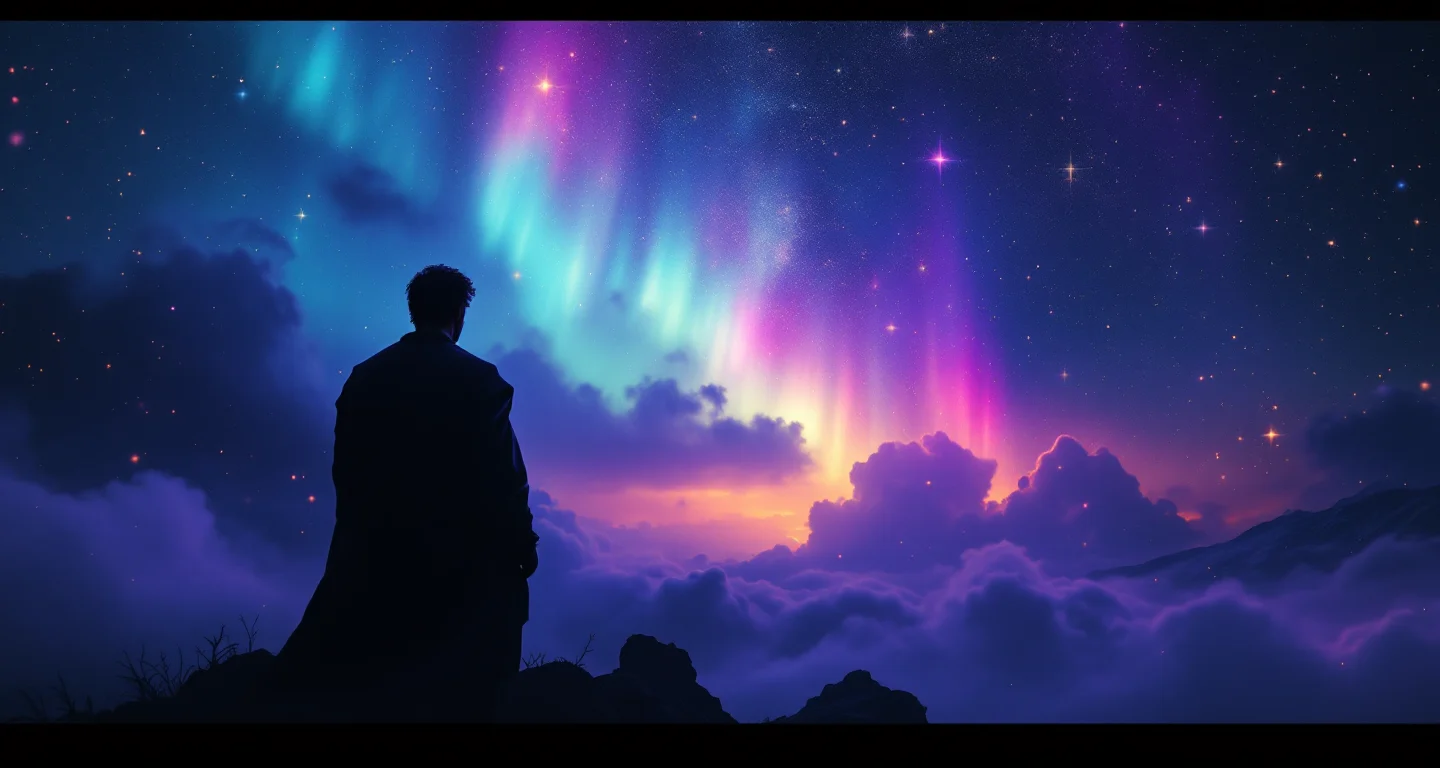 Rüyada Baba Görmek sembolünü temsil eden, mor-magenta bulutsu ve altın yıldızlardan oluşan atmosferik rüya sahnesi.