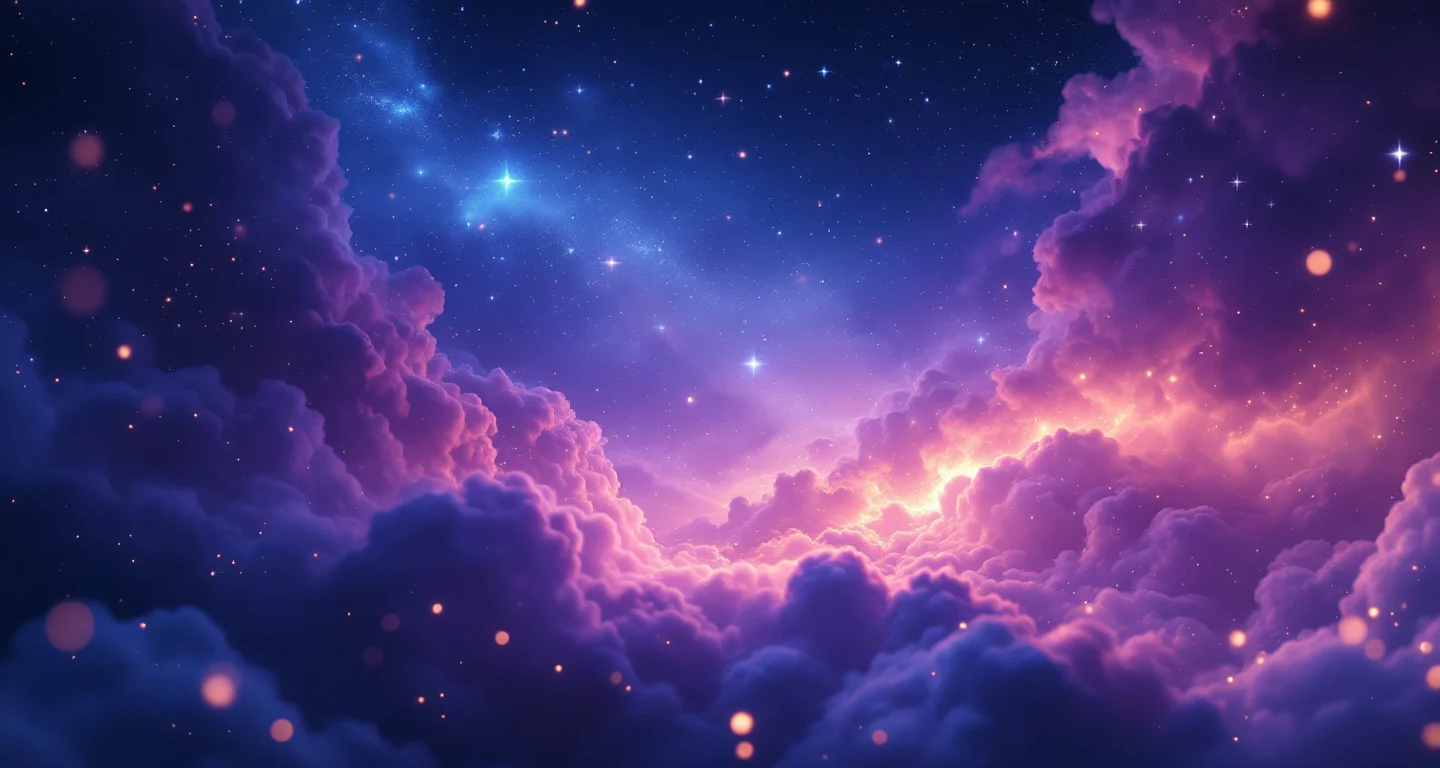 Rüyada Babaannemi Görmek sembolünü temsil eden, mor-magenta bulutsu ve altın yıldızlardan oluşan atmosferik rüya sahnesi.