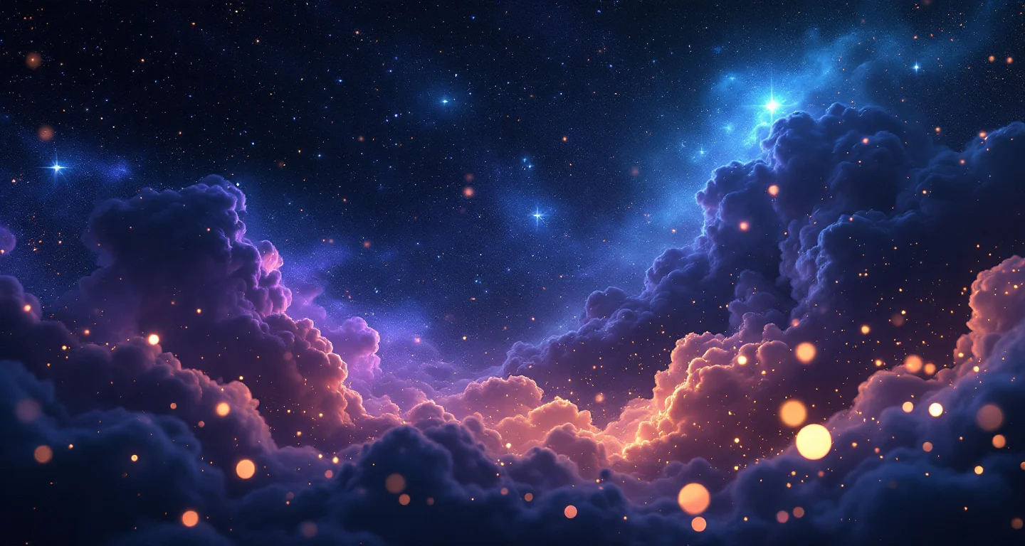 Rüyada Bal Yemek sembolünü temsil eden, mor-magenta bulutsu ve altın yıldızlardan oluşan atmosferik rüya sahnesi.