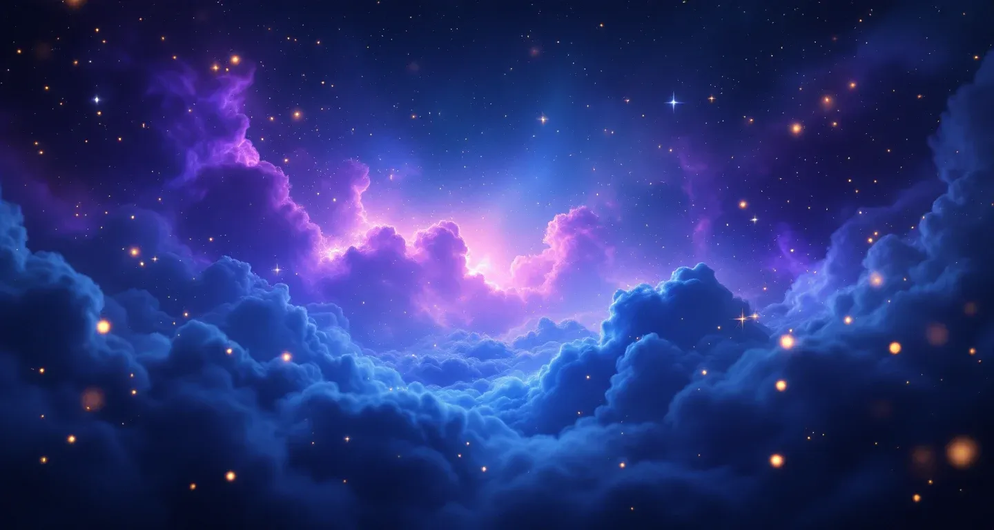 Atmosphärische Traumlandschaft mit violett-magenta Nebel und goldenen Sternen, die das Symbol des Badschwamms im Traum darstellen.