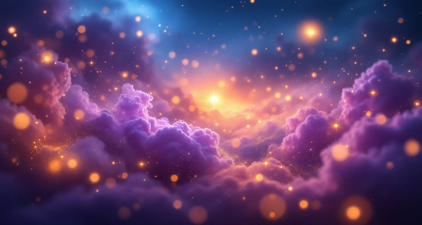 Rüyada Başkasının Çocuğunun Altını Temizlemek sembolünü temsil eden, mor-magenta bulutsu ve altın yıldızlardan oluşan atmosferik rüya sahnesi.