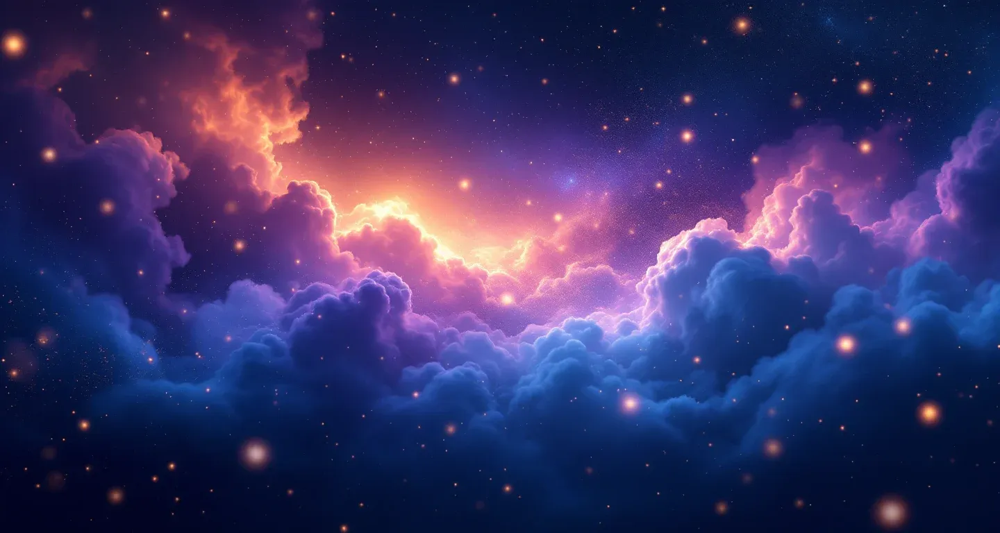 Scena onirica atmosferica con una nebulosa viola-magenta e stelle dorate, che rappresenta il simbolo di vedere in sogno che qualcun altro taglia la carne.
