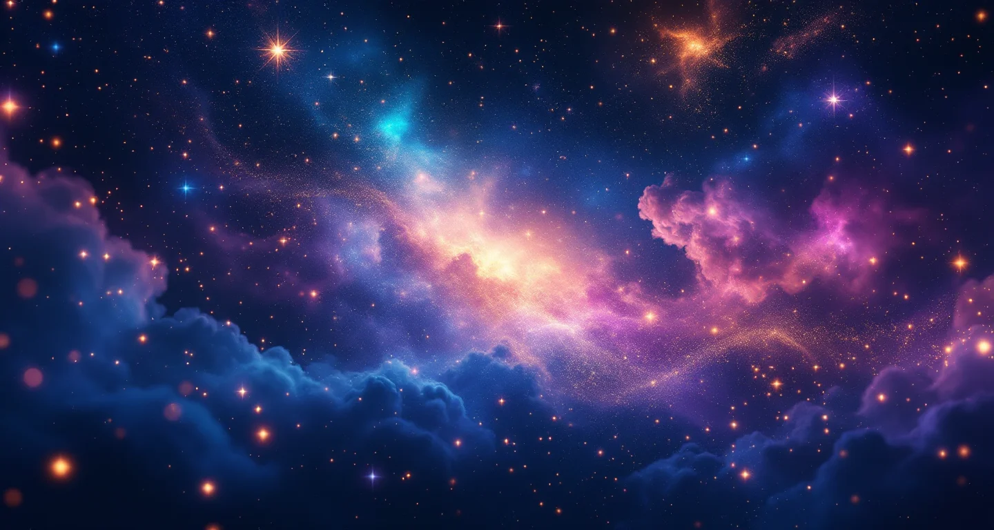 Rüyada Başkasının Evinde Fare Görmek sembolünü temsil eden, mor-magenta bulutsu ve altın yıldızlardan oluşan atmosferik rüya sahnesi.